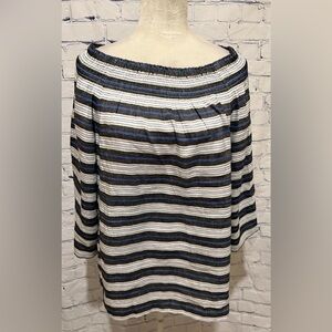 J Jill Striped Blue White Linen Blend Off Shoulder Top Large